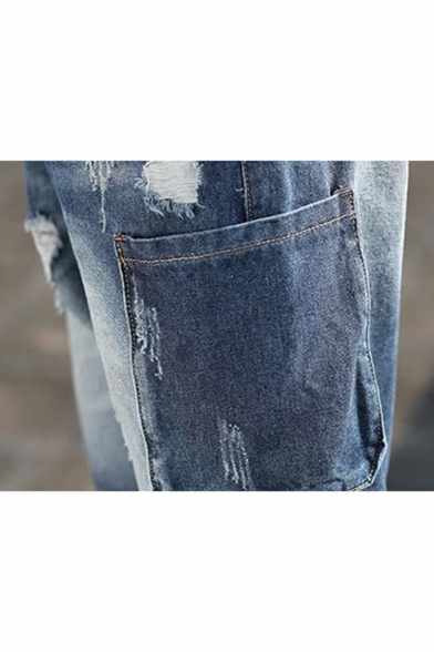 Summer Fashion Vintage Washed Ripped Detail Double Pocket Side Men's Trendy Blue Denim Shorts