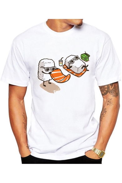 Summer Funny Cartoon Sushi Pattern Round Neck Short Sleeve White Tee