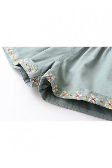 Summer Girls Green Elastic Waist Simple Embroidery Hem Loose Loungewear Shorts