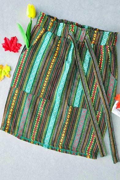Summer Girls New Stylish Cotton & Linen Colorful Stripe Mini Fitted Skirt