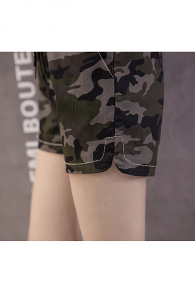 pipigo Women Summer Camouflage Elastic Waist Tie Waist Graphic Shorts Pants