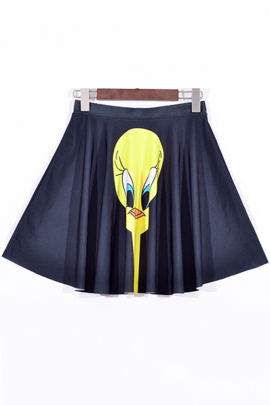 Summer Hot Fashion Elastic Waist Duck Print Mini Black Skater Skirt for Women