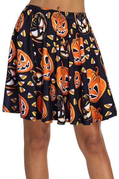 

Summer Hot Fashion Halloween Pumpkin Print Elastic Waist Pleated Mini Skater Skirt, LM549620