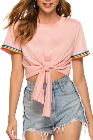 Summer Hot Fashion Pink Short Sleeve Rainbow Contrast Trim Bow Knotted Front Unique T-Shirts