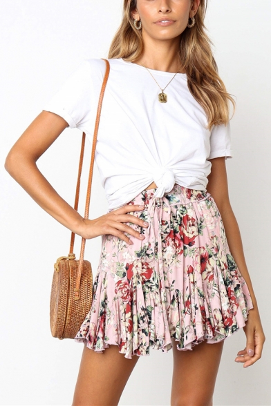 Summer Hot Popular Floral Printed Drawstring Waist Mini Pleated A-Line Skirt