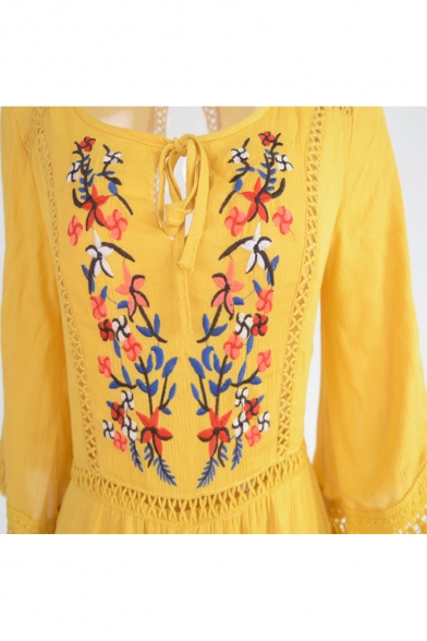 Summer Fashion Folk Style Yellow Floral Embroidered Cutout Tassel Trim High Waist Sexy Beach Romper for Women