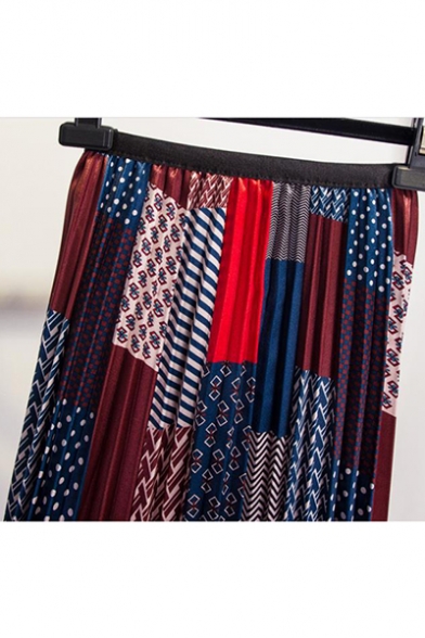 Summer Hot Stylish Chic Geometric Print High Waist Pleated A-Line Midi Skirt
