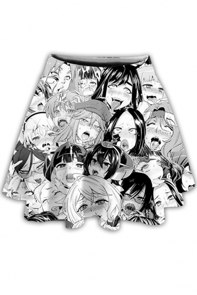 Summer Hot Stylish White High Waist Cartoon Print Flared Mini Skater Skirt for Women