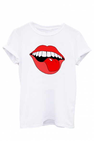 Summer Hot Stylish White Red Lip Printed Round Neck Short Sleeve Chic Blouse Shirts