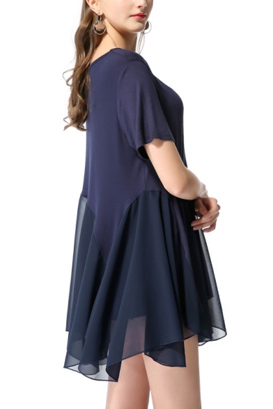 Summer Navy Simple Plain Round Neck Short Sleeve Mini Asymmetric Chiffon Dress
