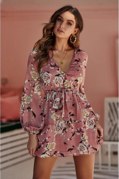 Summer Pink Chic Floral Printed V-Neck Long Sleeve Tied Waist Mini A-Line Dress