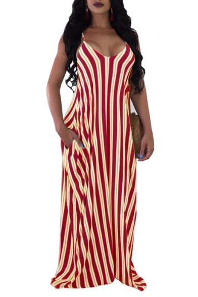 Summer Popular Vertical Striped Printed V-Neck Sleeveless Maxi Beach Slip Dress