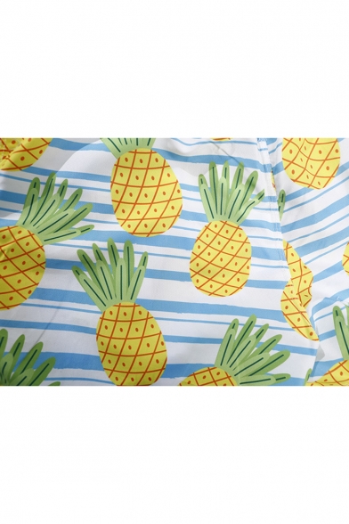 Summer Stylish Pineapple Stripe Print Quick Drying Casual Drawstring Waist Beach Shorts Swim Trunks with Pocket