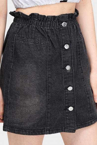 Summer Sweet Womens Fashion Black Paperbag Waist Button Down Mini A-Line Denim Skirt