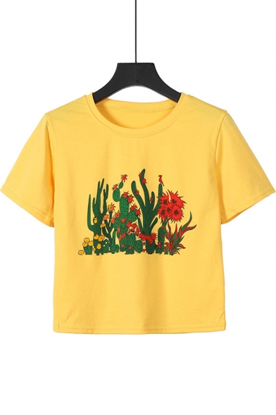 Summer Trendy Cactus Pattern Round Neck Short Sleeve Yellow Cropped Tee