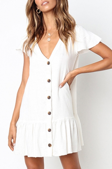 Summer Trendy Plain V-Neck Flutter Sleeve Button Down Ruffled Mini Button Down Dress