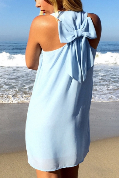 Summer Trendy Simple Plain Sleeveless Bow-Tied Back Mini Beach Tank Dress