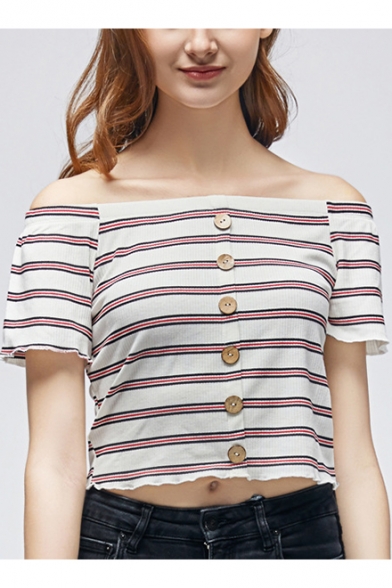 Summer Trendy Striped Printed Sexy Off the Shoulder Short Sleeve Button Down Cropped T-Shirt