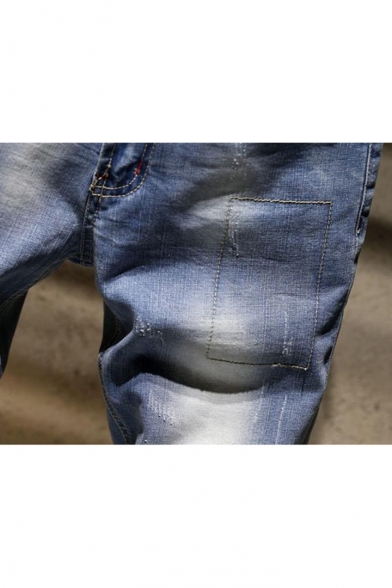 Summer Trendy Vintage Washed Ripped Detail Letter Printed Zip-fly Denim Shorts for Men