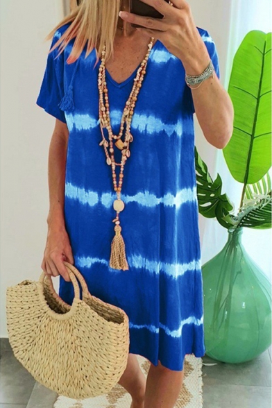 Summer Womens Hot Popular V-Neck Short Sleeve Striped Midi Casual Beach Dress