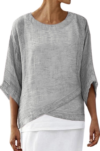 Summer Womens Hot Stylish Round Neck Oversize Half Sleeve Dipped Hem Blouse T-Shirt
