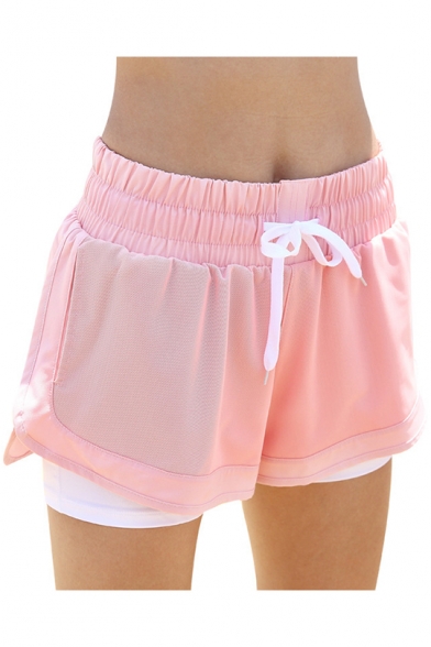 Summer Womens Trendy Fake Two-Piece Drawstring Elastic Waist Breathable Yoga Pull On Shorts