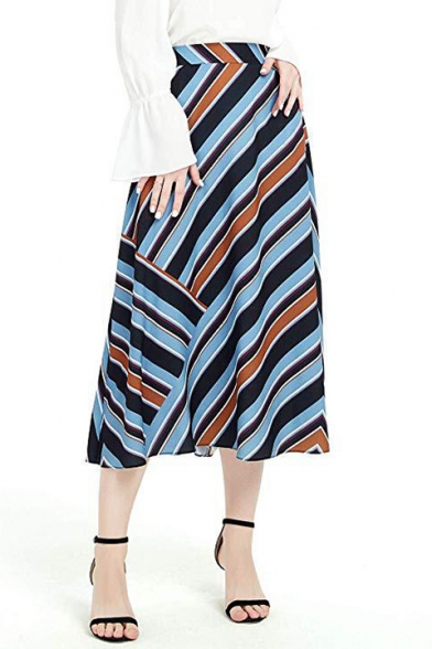 Summer Womens Trendy Striped Printed Chiffon Maxi Flowy Skirt