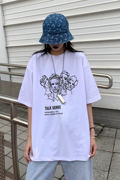 TALK SENSE Portrait Printed Round Neck Half Sleeve Oversized Loose T-Shirt for Girls
