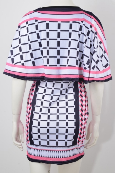 Trendy Women V-Neck Check Print Sheer Mesh Patch Short Sleeves Mini Cape Dress
