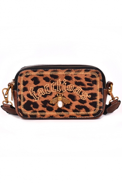 Trendy Letter FASHIONS Leopard Pattern Metal Pearl Bee Embellishment Crossbody Camera Bag 19*11*6 CM