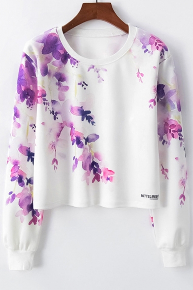 Trendy Purple Floral Printed Round Neck Long Sleeve Crop Sweatshirt