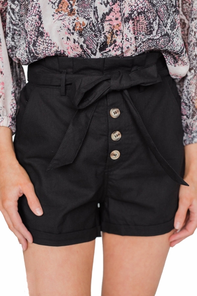 Trendy Simple Plain Bow-Tied Waist Button-Fly Paperbag Shorts