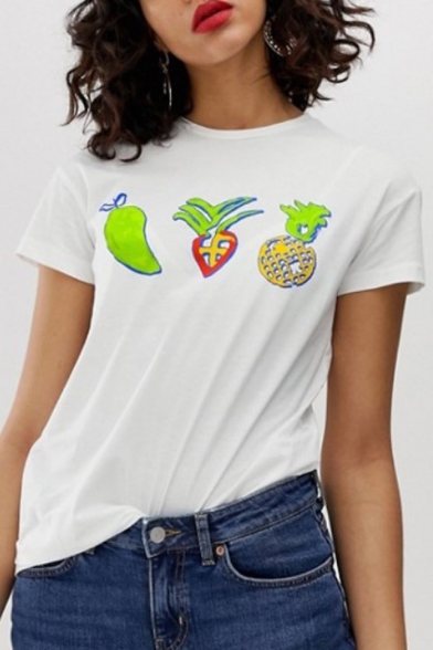 Trendy Womens White Fruit Printed Short Sleeve Round Neck Casual T-Shirt