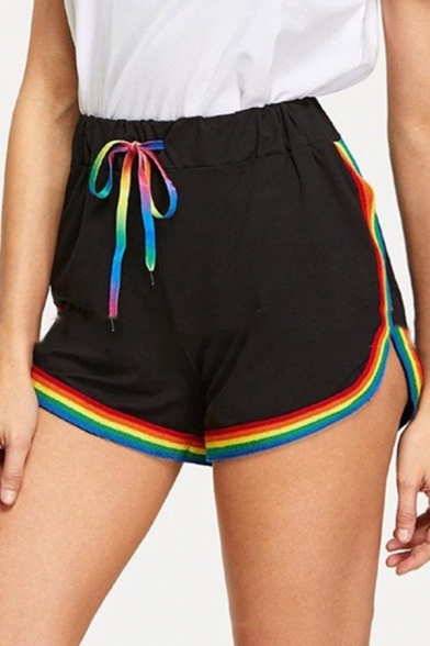 Unique Fashion Rainbow Striped Hem Drawstring Waist Sport Loose Dolphin Shorts for Women