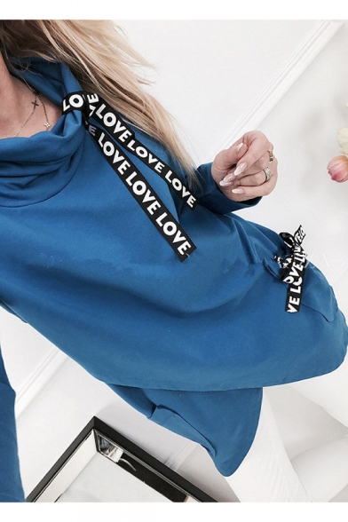 Unique Popular Letter Ribbon Cowl Neck Long Sleeve Fitted Pullover Sweatshirt