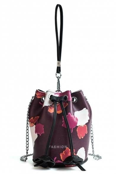 Women's Fashion Floral Printed Top Handle Drawstring Crossbody Bucket Handbag 14*18*14 CM