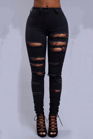 Women's New Stylish Fashion Distressed Ripped Hole Super Skinny Fit Jeans