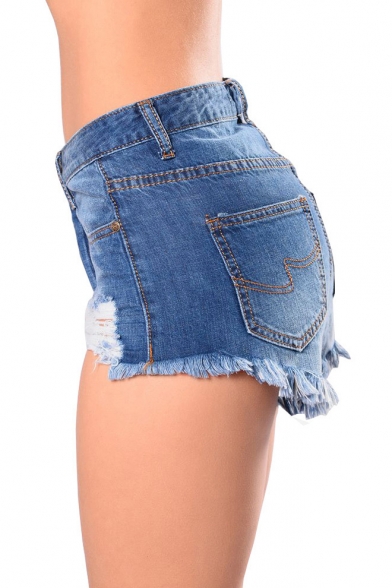 Womens Blue Unique Distressed Shredded Ripped Skinny Fit Hot Pants Denim Shorts