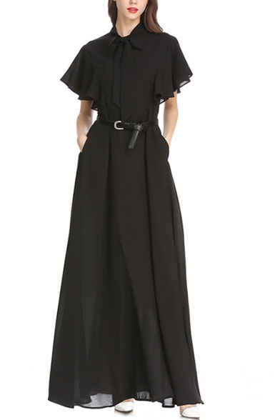 Womens Boutique Bow-Tied Collar Flutter Sleeve Plain Maxi Holiday Chiffon Dress