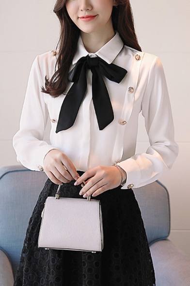 Female Elegant Bow Tie White Blouses Chiffon Peter Pan Collar Casual Shirt