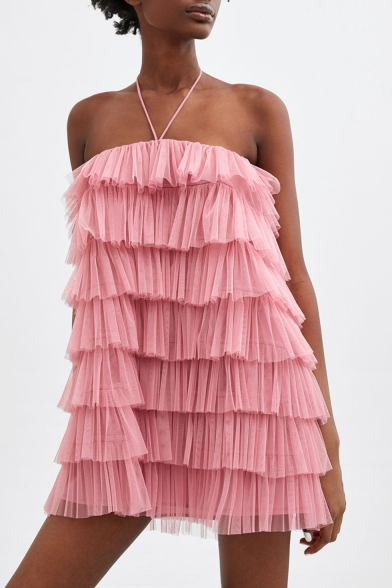 Womens Designer Unique Halter Neck Sexy Open Back Pink Mini Layered Ruffle Dress