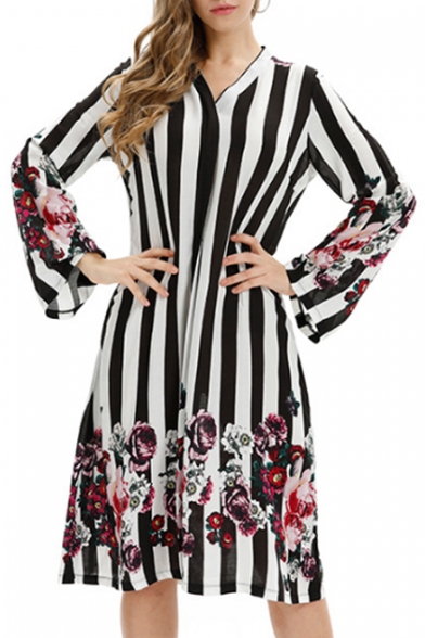 

Womens Fancy Black Floral Striped Printed V-Neck Long Sleeve Midi A-Line Dress, LM543503