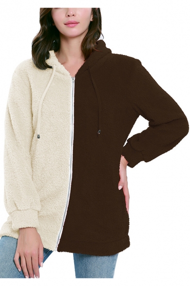 Womens Fashion Two-Tone Color Block Long Sleeve Zip Up Fitted Fluffy Fleece Hoodie