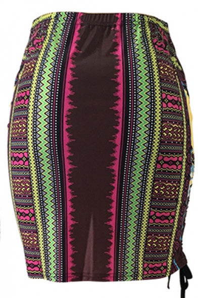 Womens Holiday Fashion Brown Tribal Printed Drawstring Side Mini Fitted Skirt