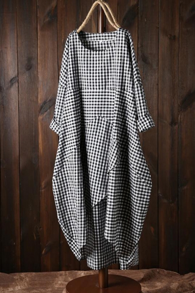 Womens Hot Fashion Plaid Printed Round Neck Long Sleeve Maxi Asymmetrical Dress