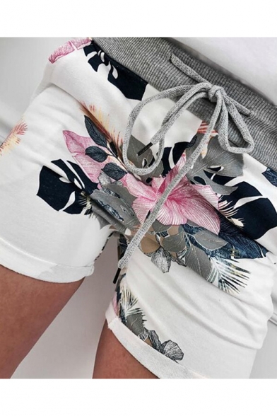 Womens Hot Popular Summer Chic Floral Printed Drawstring Waist White Shorts