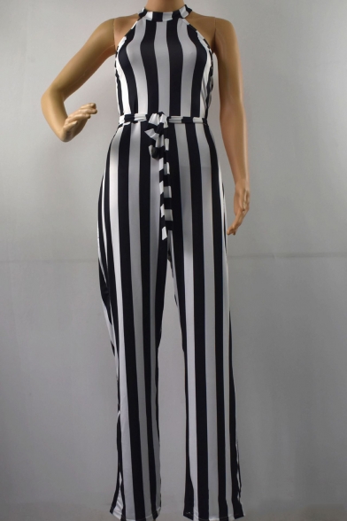 Womens Hot Sexy Halter Sleeveless Stripped Tie Waist Wide Leg Fitted Jumpsuit for Nightclub