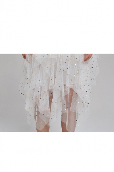Womens Hot Stylish Sequin Embellished Cake Mesh Elastic Waist Midi Skirt