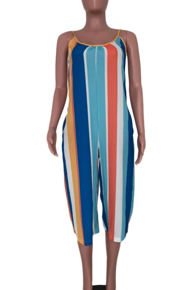 Womens Hot Stylish Straps Sleeveless Multicolor Striped Print Loose Jumpsuits