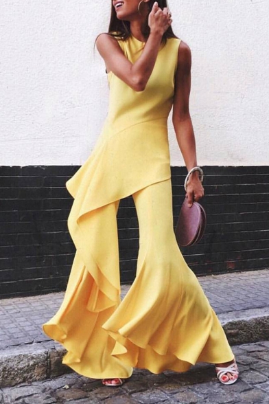 Womens Hot Trendy Scoop Collar Sleeveless Yellow Ruffle Trimmed Flare Long Pants Fitted Jumpsuits